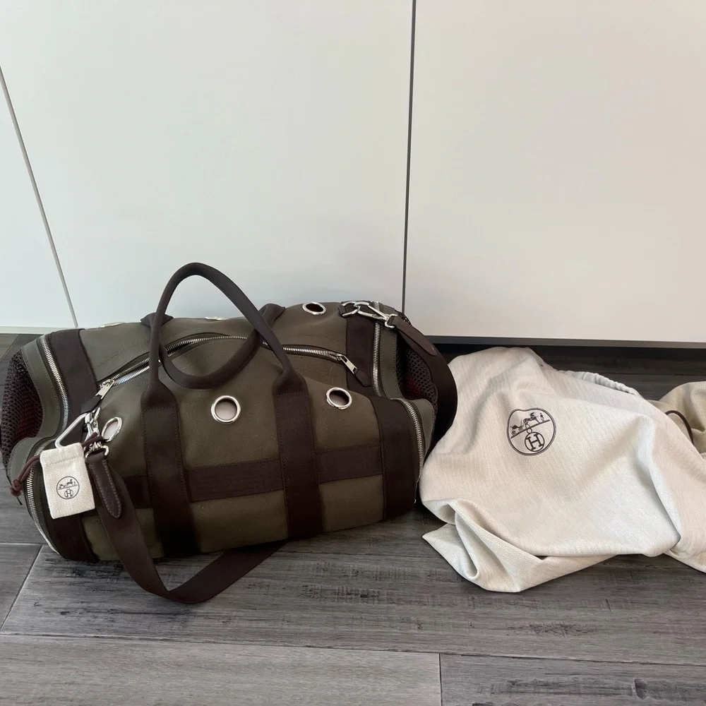 Hermes Careying Dog Travel Bag - Green Canvas